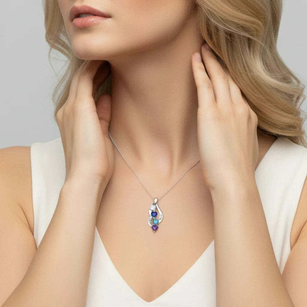 Sterling Silver Personalized Mom Necklace with 3 Engraved Names & Heart Birthstones