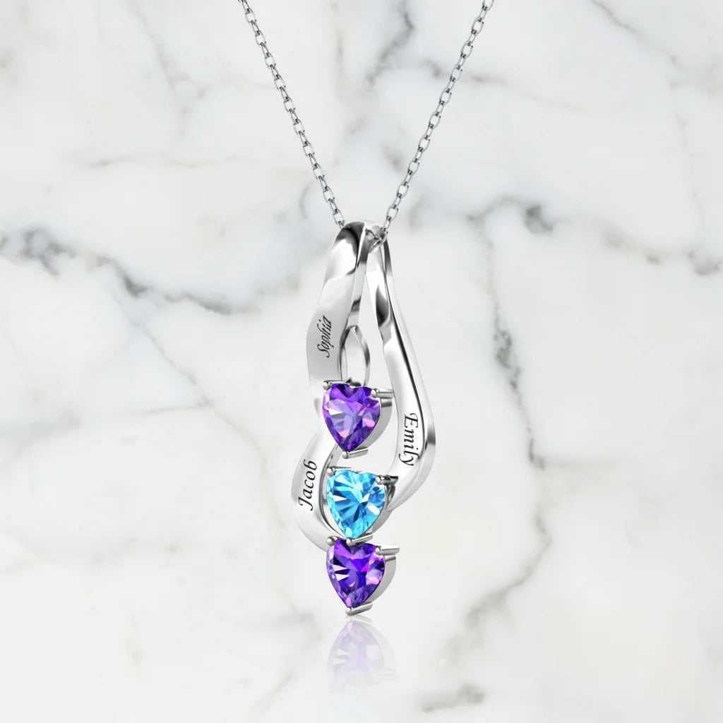 Sterling Silver Personalized Mom Necklace with 3 Engraved Names & Heart Birthstones