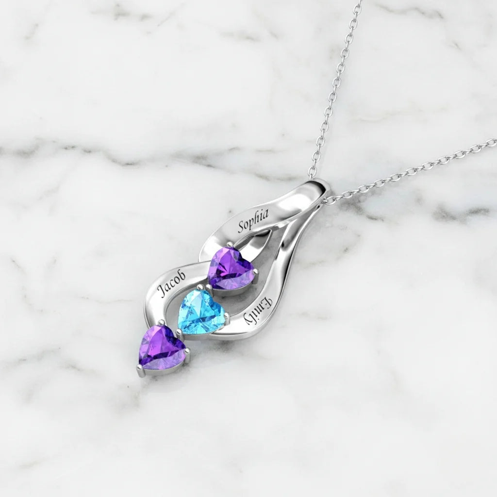 Sterling Silver Personalized Mom Necklace with 3 Engraved Names & Heart Birthstones