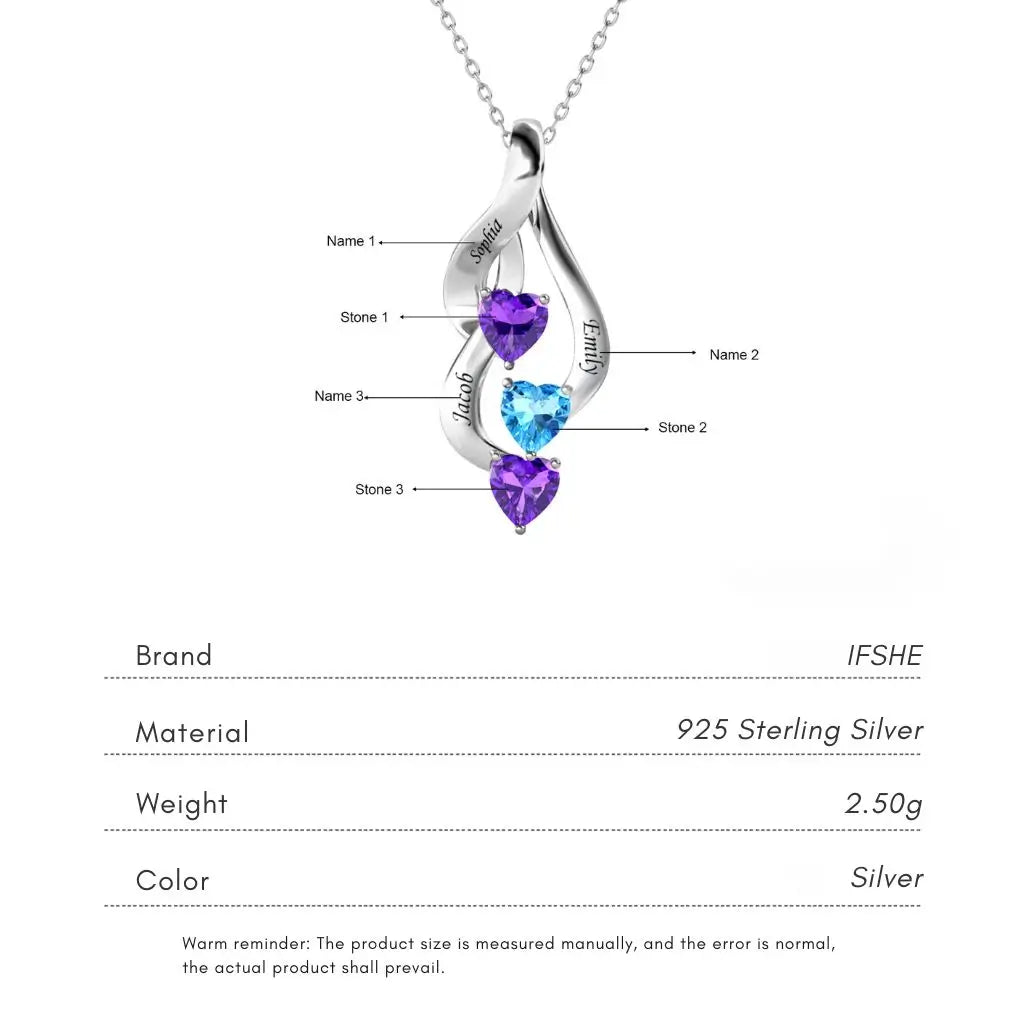 Sterling Silver Personalized Mom Necklace with 3 Engraved Names & Heart Birthstones