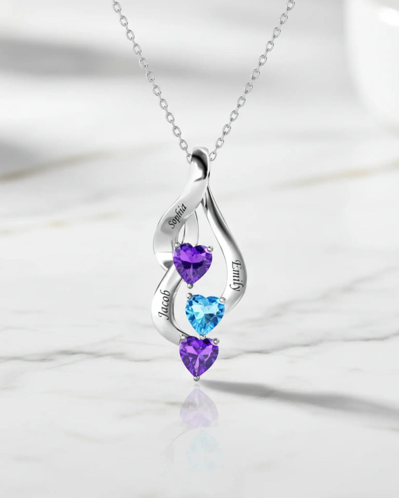 Sterling Silver Personalized Mom Necklace with 3 Engraved Names & Heart Birthstones IfShe Jewelry