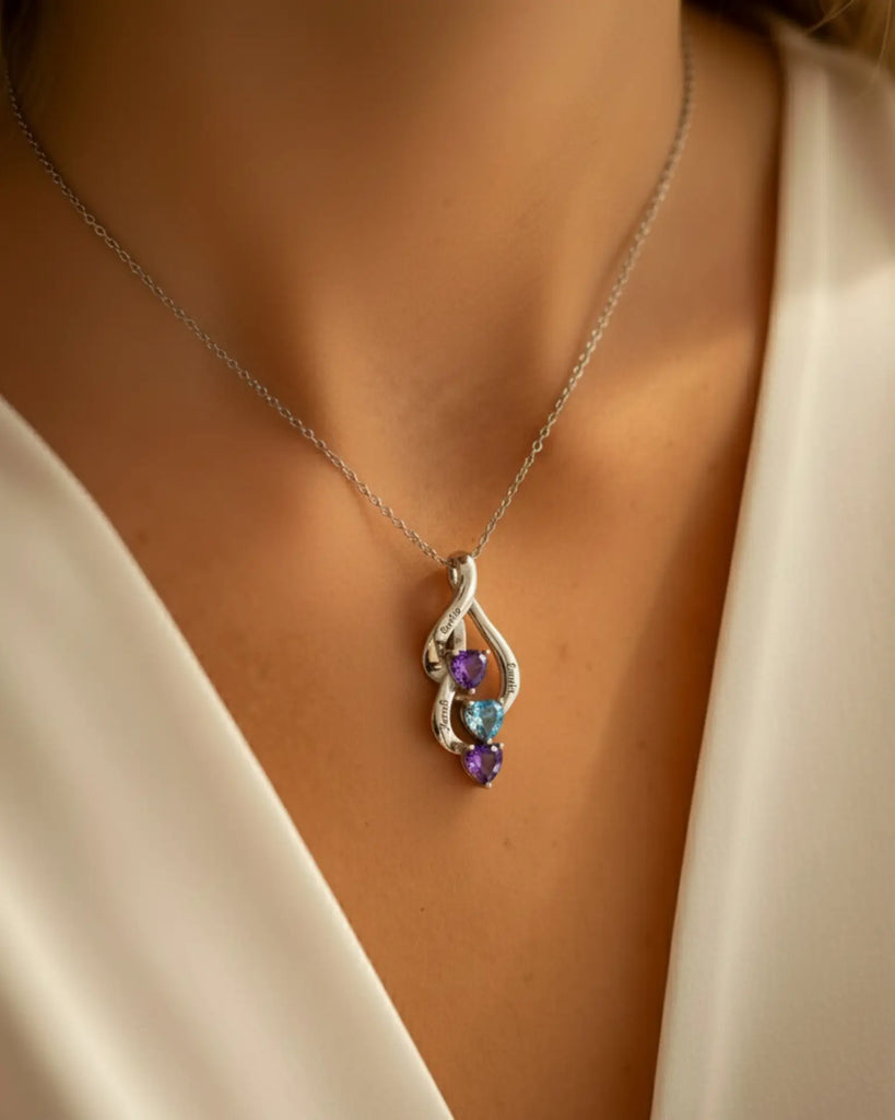 Sterling Silver Personalized Mom Necklace with 3 Engraved Names & Heart Birthstones IfShe Jewelry