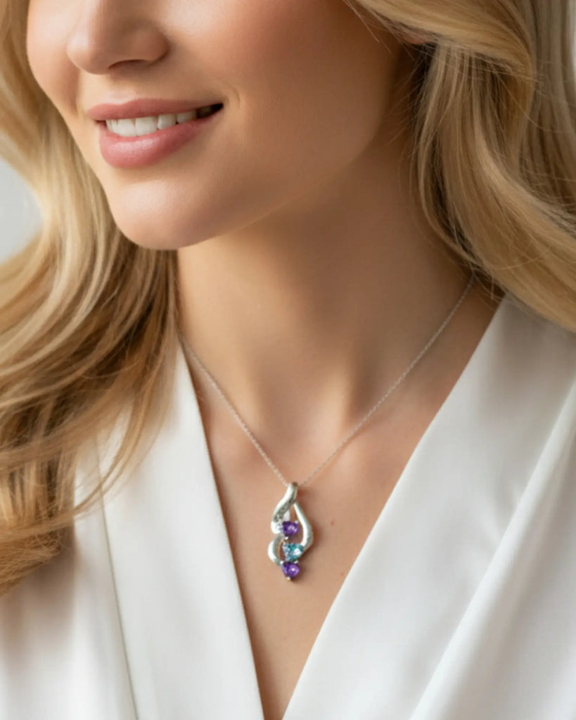 Sterling Silver Personalized Mom Necklace with 3 Engraved Names & Heart Birthstones IfShe Jewelry