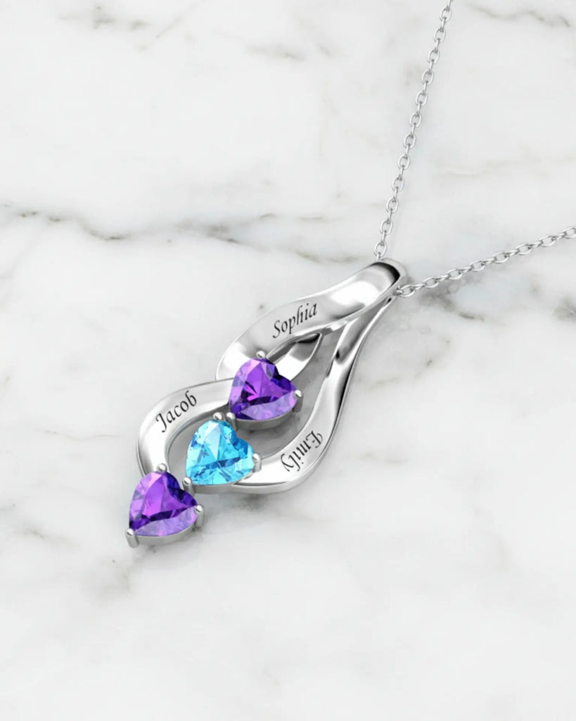 Sterling Silver Personalized Mom Necklace with 3 Engraved Names & Heart Birthstones IfShe Jewelry