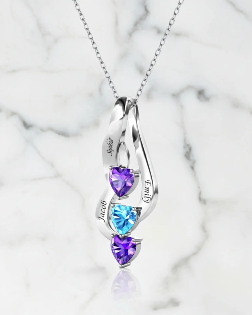 Sterling Silver Personalized Mom Necklace with 3 Engraved Names & Heart Birthstones IfShe Jewelry