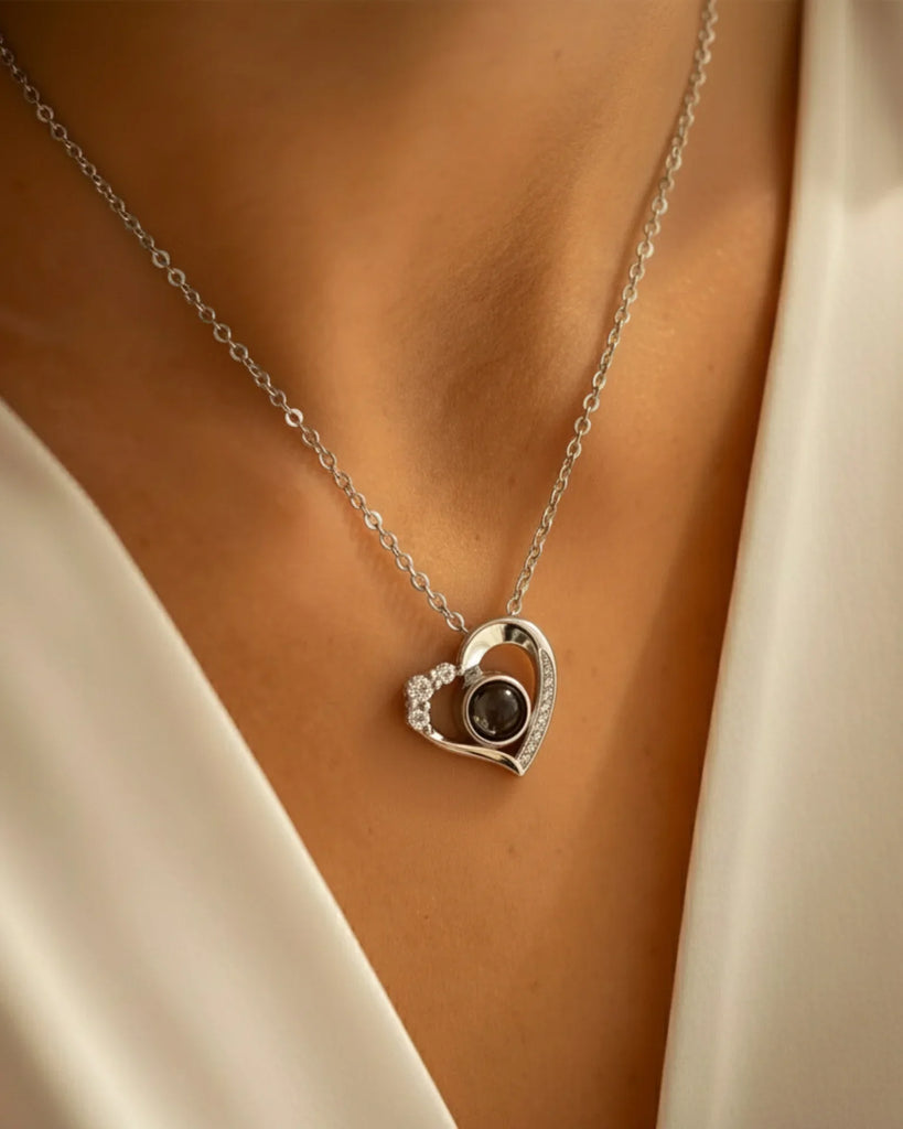Sterling Silver Photo Projection Necklace Heart Shaped