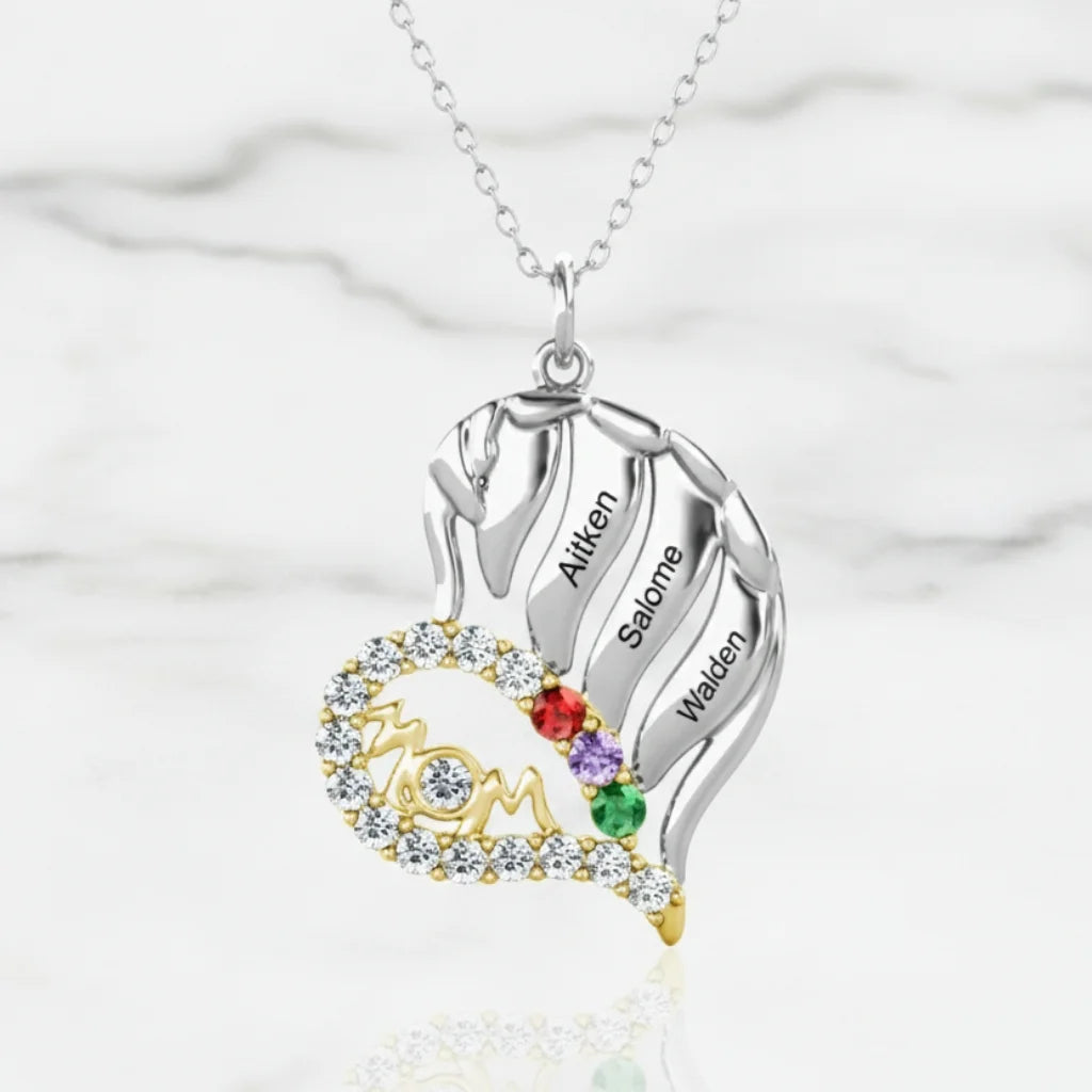 Sterling Silver Winged Heart Mom Necklace – Personalized with Children's Names and Birthstones