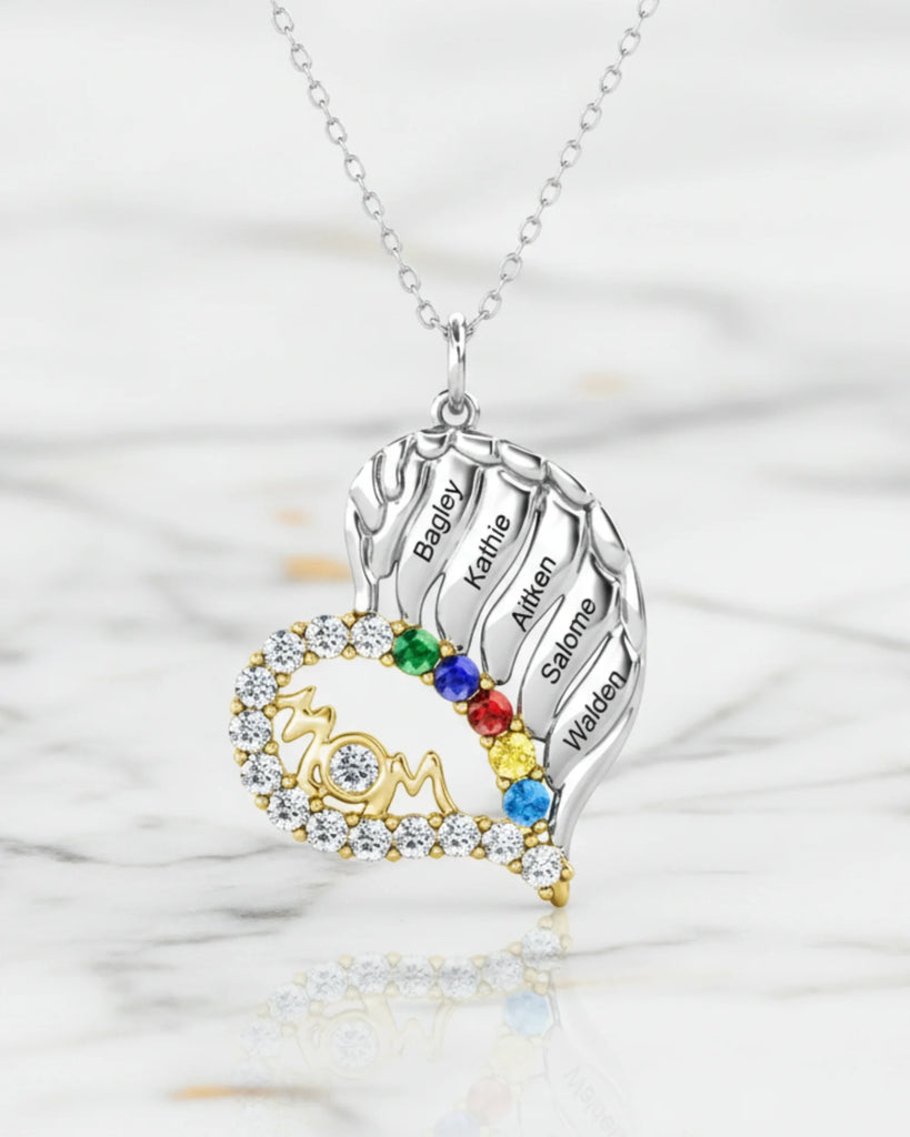 Sterling Silver Winged Heart Mom Necklace – Personalized with Children's Names and Birthstones IfShe Jewelry