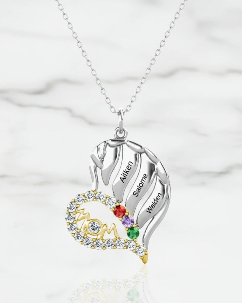 Sterling Silver Winged Heart Mom Necklace – Personalized with Children's Names and Birthstones IfShe Jewelry