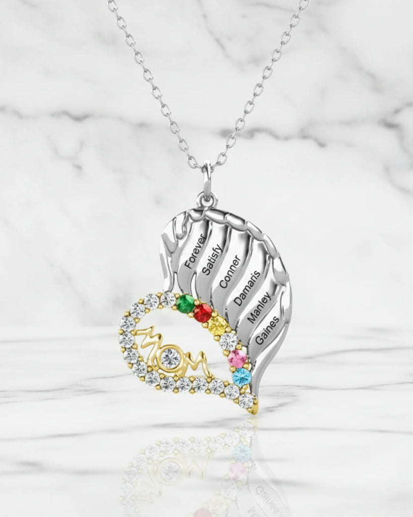 Sterling Silver Winged Heart Mom Necklace – Personalized with Children's Names and Birthstones IfShe Jewelry