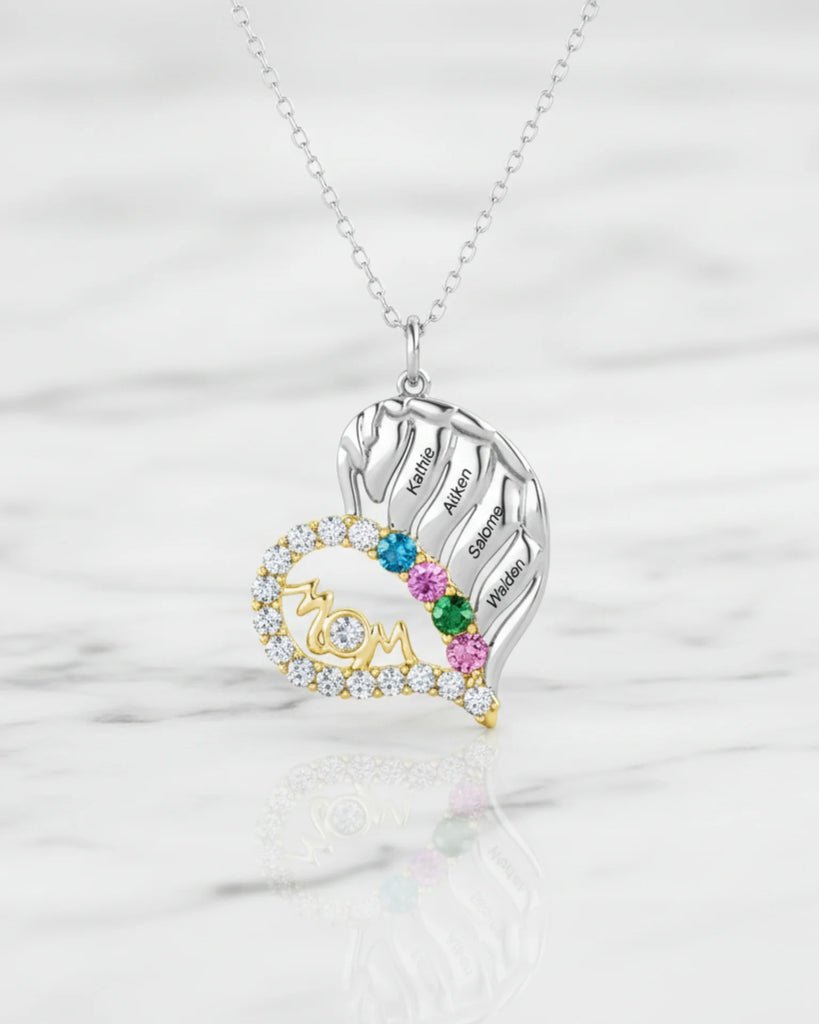 Sterling Silver Winged Heart Mom Necklace – Personalized with Children's Names and Birthstones IfShe Jewelry
