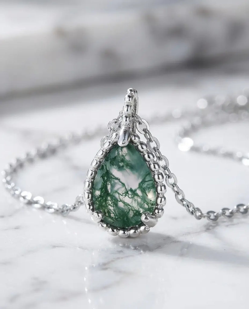Teardrop Moss Agate Necklace - Sterling Silver Nature Pendant IfShe Jewelry