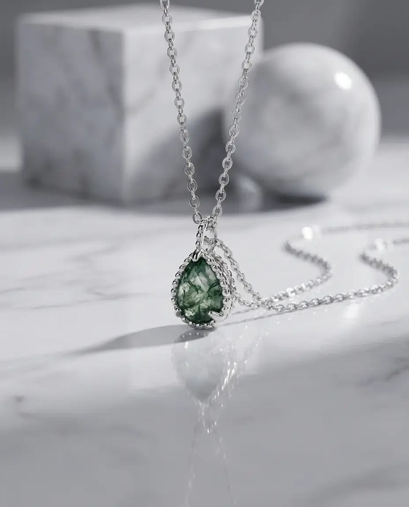 Teardrop Moss Agate Necklace - Sterling Silver Nature Pendant IfShe Jewelry
