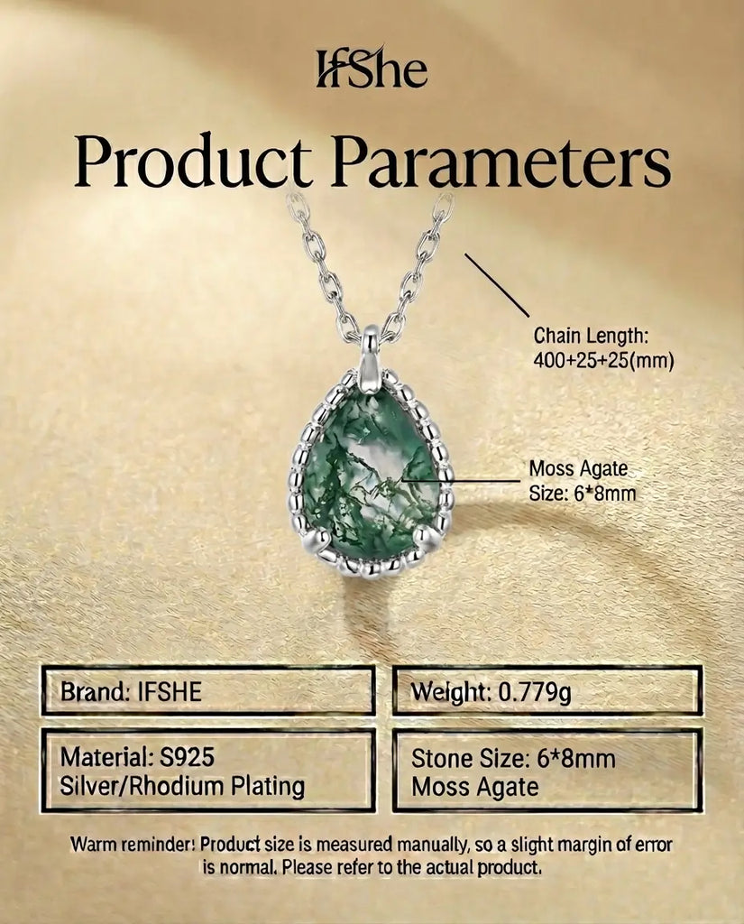 Teardrop Moss Agate Necklace - Sterling Silver Nature Pendant IfShe Jewelry