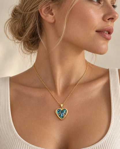 Personalized Abalone Shell Heart Locket Necklace That Holds 2 Photos worn on a model