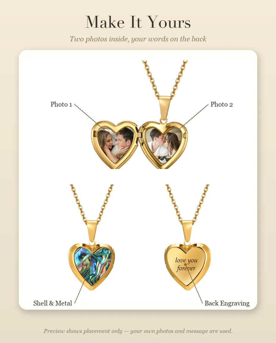 Personalization guide showing where the two photos and the back engraving go