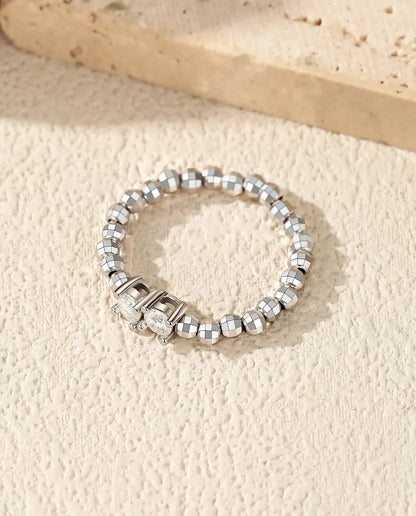 Adjustable beaded moissanite ring in 925 sterling silver with two round D color stones