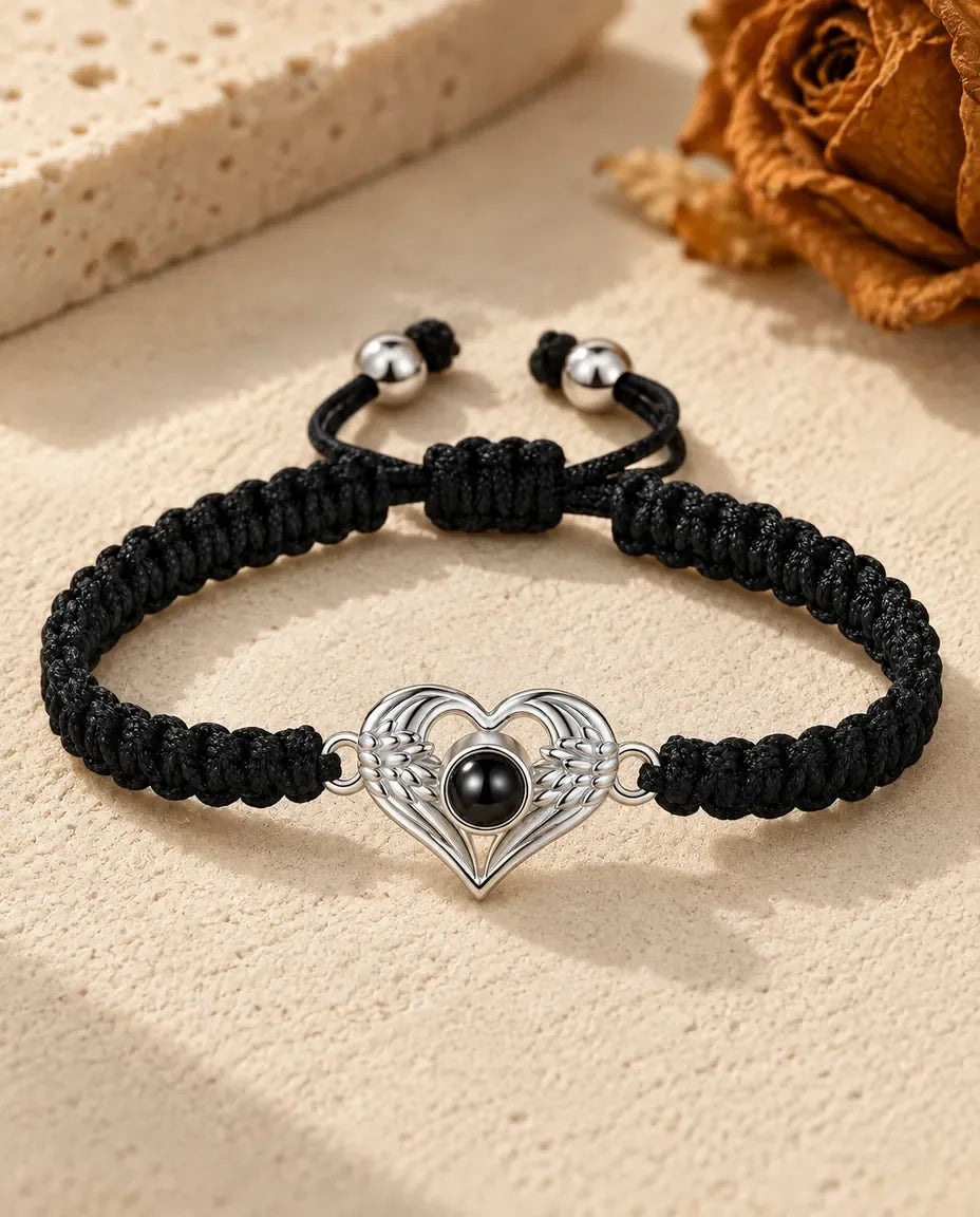 Angel Wing Heart Photo Projection Bracelet with Picture Inside - laid flat