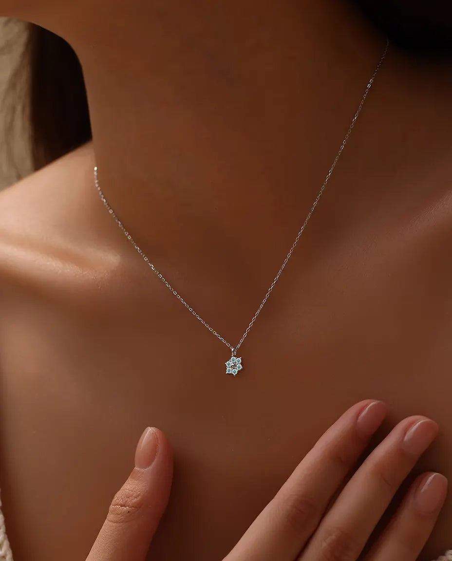 Aqua Blue Moissanite Flower Necklace