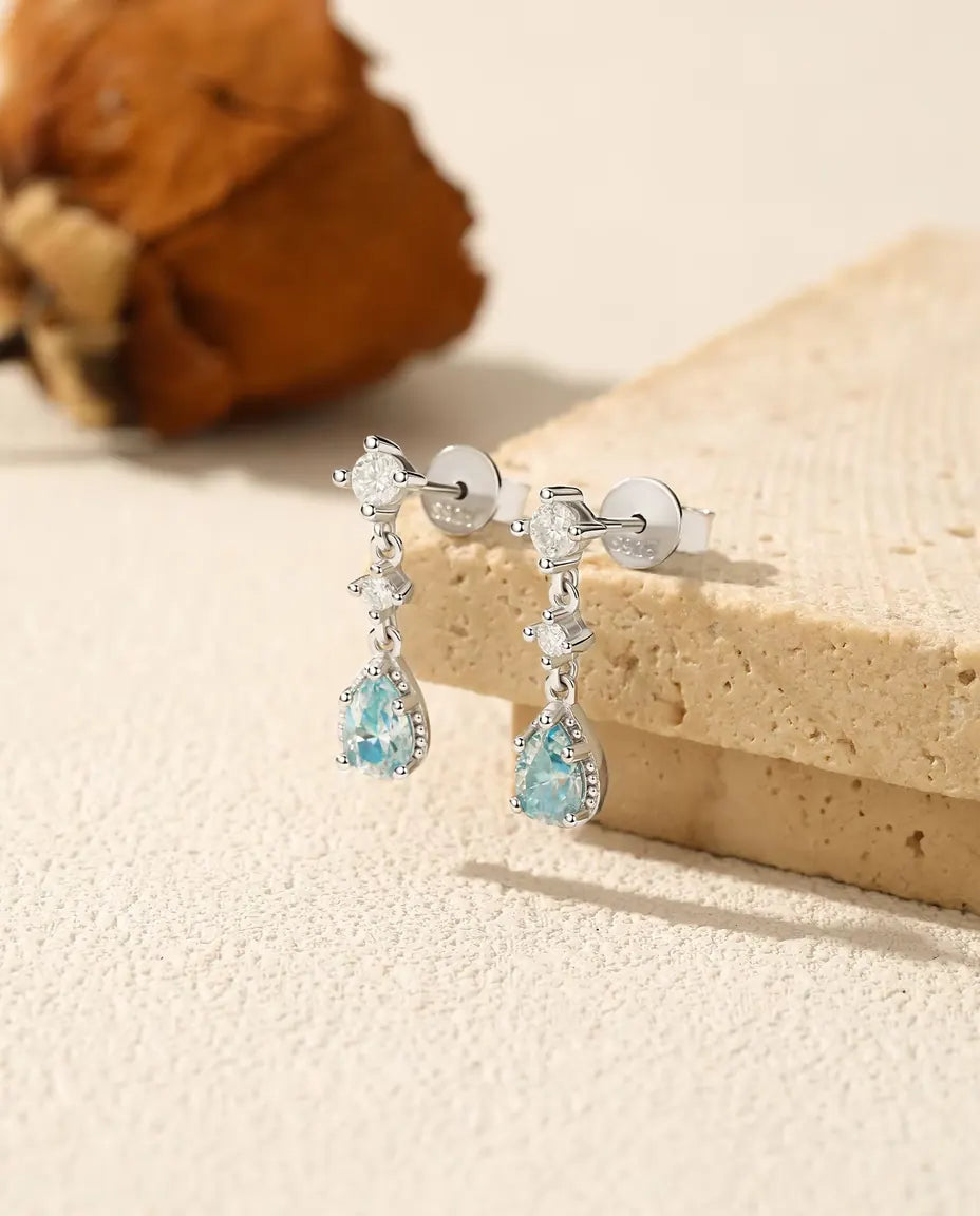 Aqua Blue Moissanite Drop Earrings