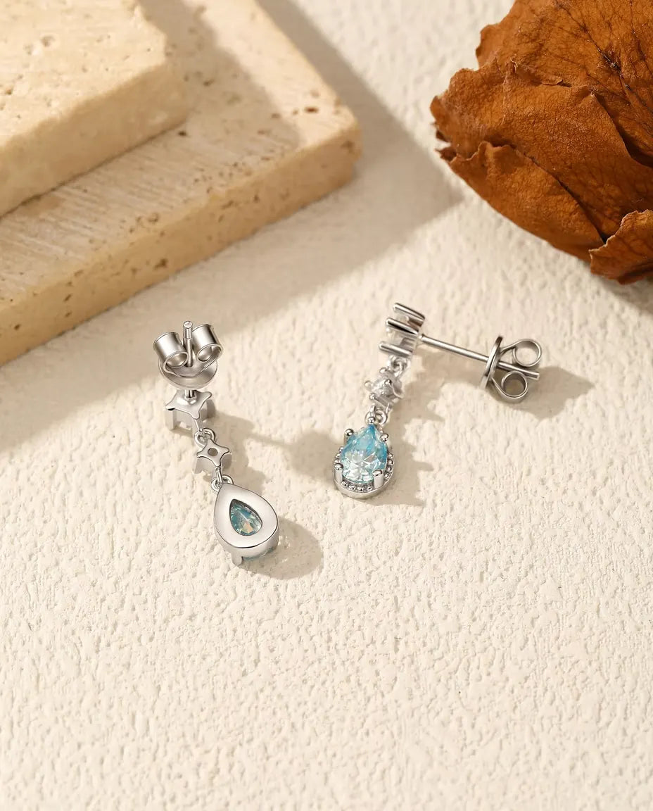 Aqua Blue Moissanite Drop Earrings