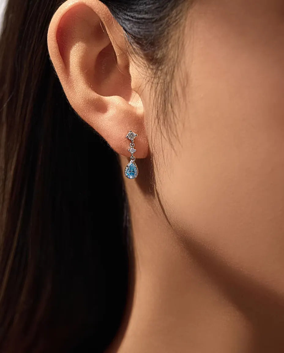 Aqua Blue Moissanite Drop Earrings