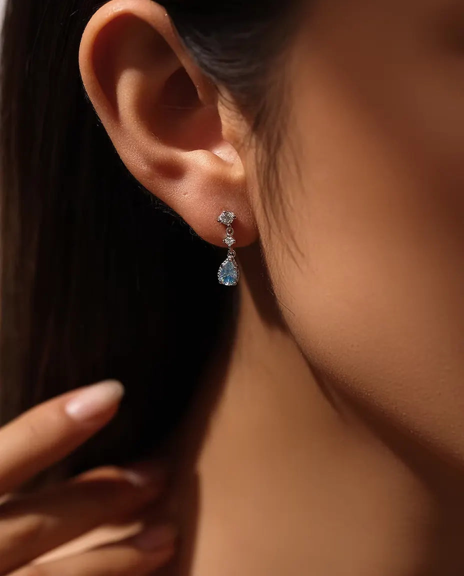 Aqua Blue Moissanite Drop Earrings