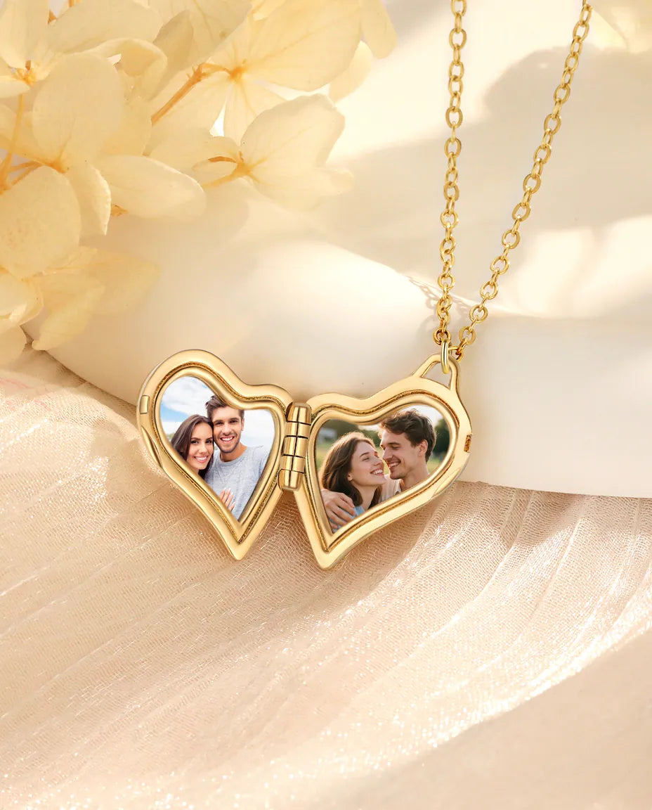 Personalized asymmetric heart photo locket necklace holding two pictures, silver and gold