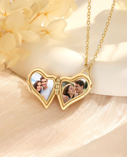 Personalized asymmetric heart photo locket necklace holding two pictures, silver and gold