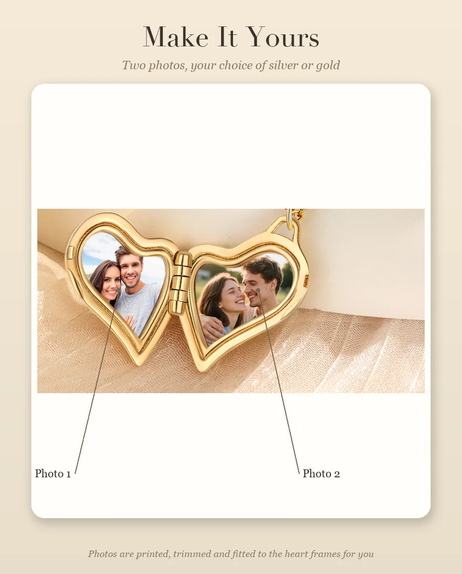 Personalized asymmetric heart photo locket necklace holding two pictures, silver and gold