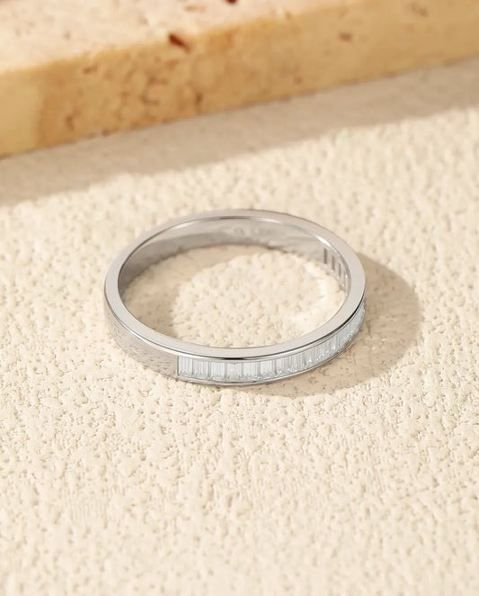 Channel-set baguette moissanite eternity band in 925 sterling silver
