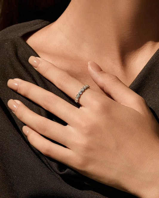 Bezel-set moissanite eternity ring in 925 sterling silver, bubble band