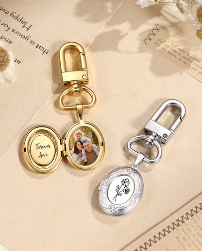 Silver and gold birth flower locket keychains with dried flowers and linen