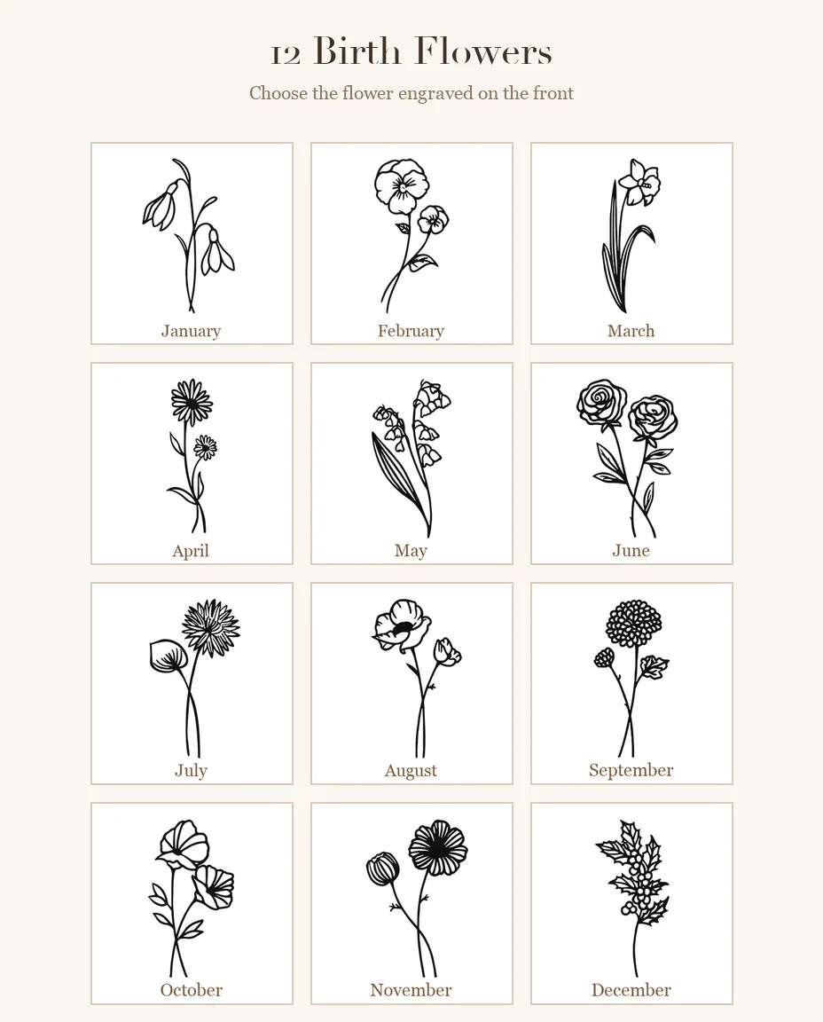 12 birth flower engraving options from January to December