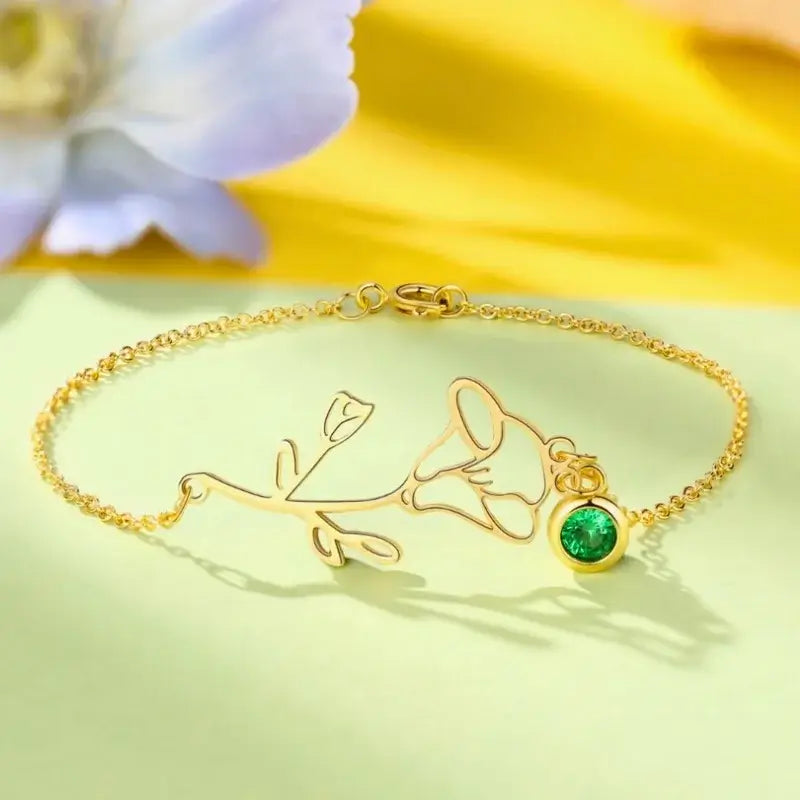 Birth Flower Birthstone Bracelet – Personalized, Copper with Sterling Silver Detailing – for Mom, Her – Mother's Day Gift, Three Colors