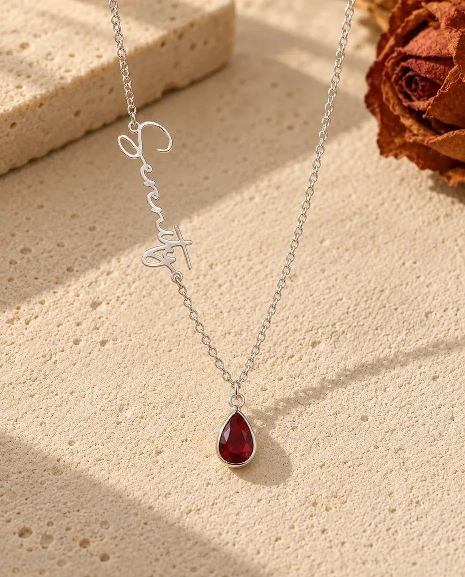 Personalized Name Necklace with Birthstone - front view in silver