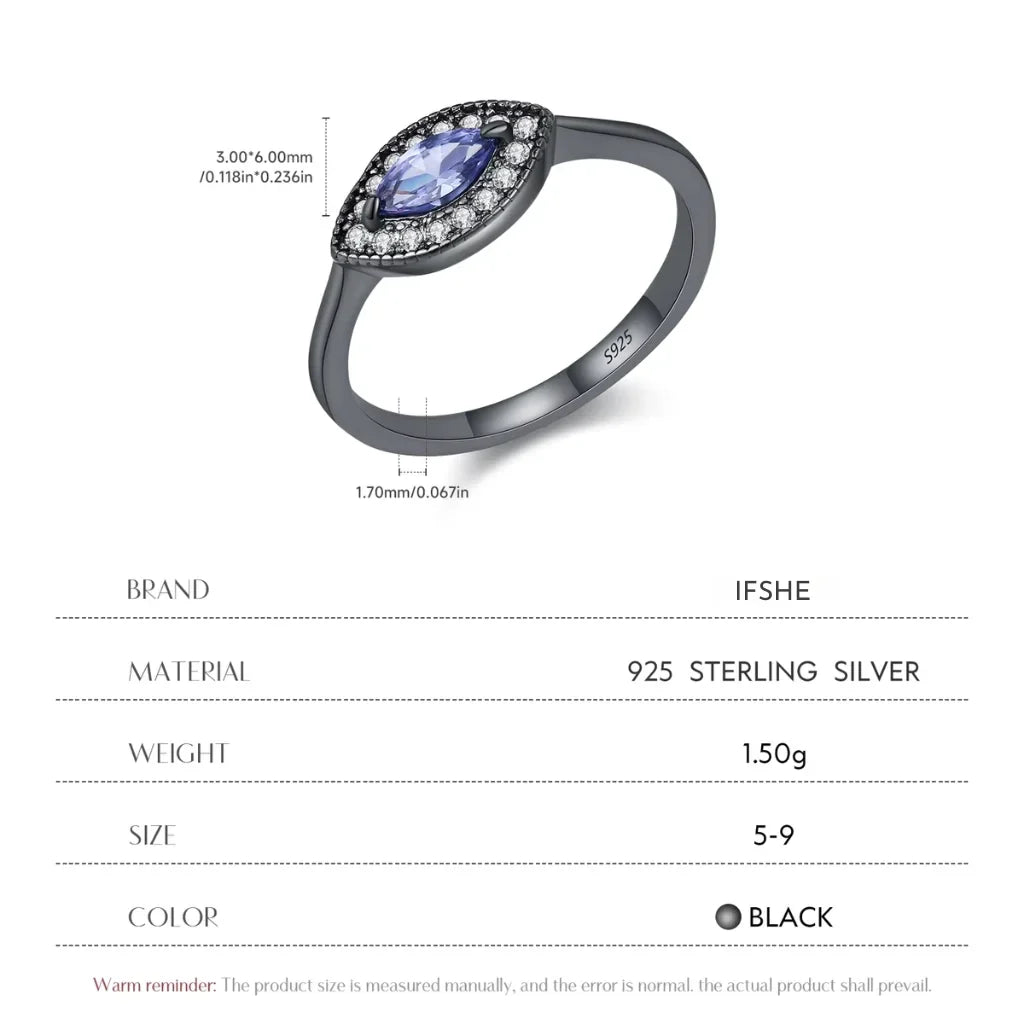 Black Evil Eye Ring 925 Sterling Silver with Dazzling Blue Zircon
