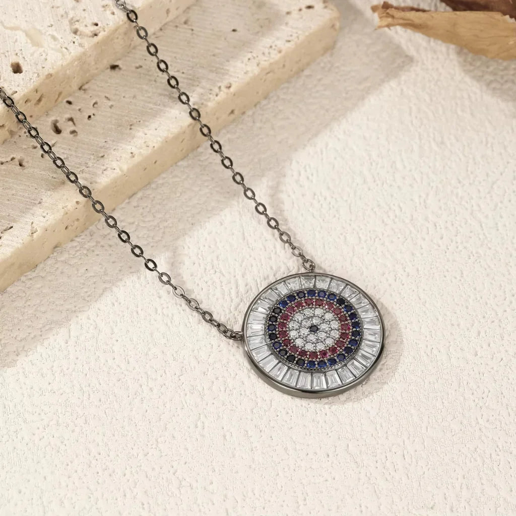 Black Round Evil Eye Pendant Necklace in 925 Sterling Silver