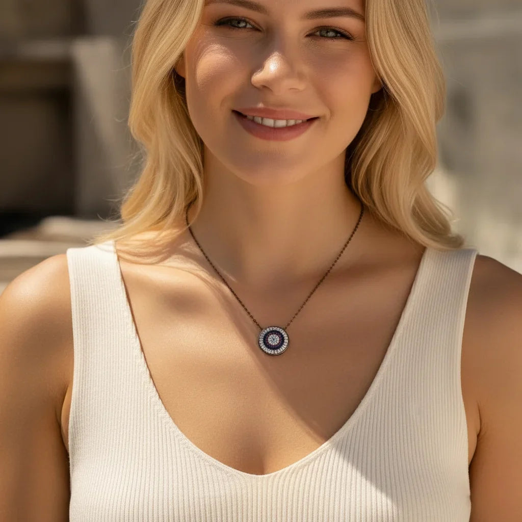 Black Round Evil Eye Pendant Necklace in 925 Sterling Silver
