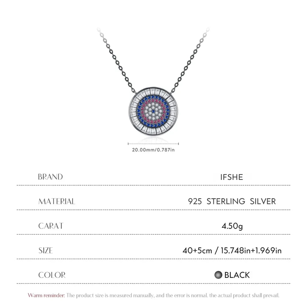 Black Round Evil Eye Pendant Necklace in 925 Sterling Silver