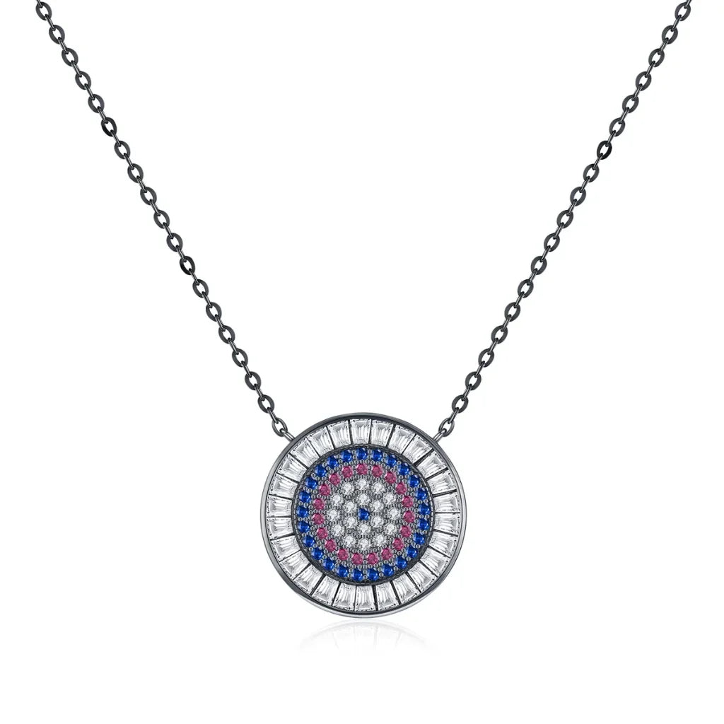 Black Round Evil Eye Pendant Necklace in 925 Sterling Silver
