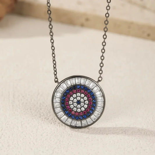 Black Round Evil Eye Pendant Necklace in 925 Sterling Silver