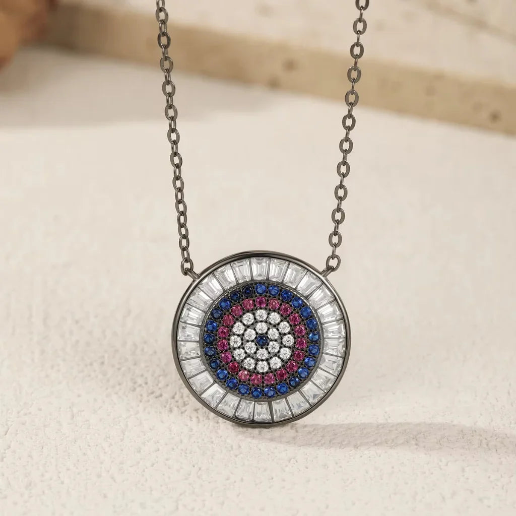 Black Round Evil Eye Pendant Necklace in 925 Sterling Silver