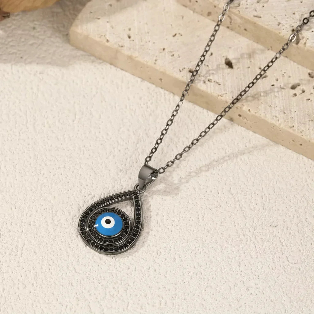 Black Sterling Silver Evil Eye & Water Drop Pendant Necklace