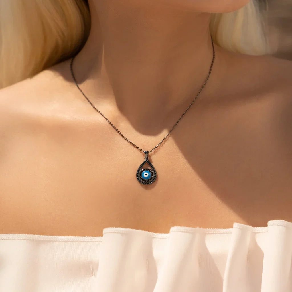 Black Sterling Silver Evil Eye & Water Drop Pendant Necklace