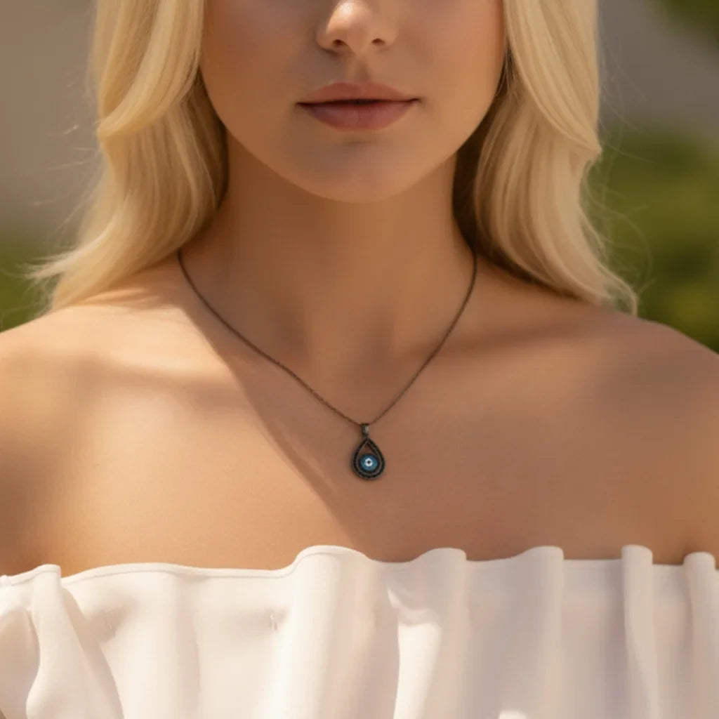 Black Sterling Silver Evil Eye & Water Drop Pendant Necklace