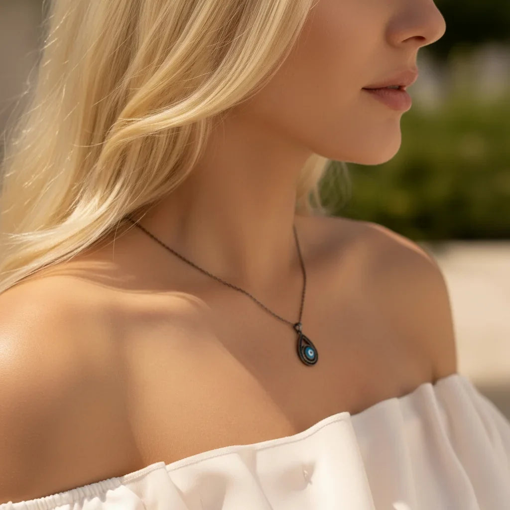 Black Sterling Silver Evil Eye & Water Drop Pendant Necklace