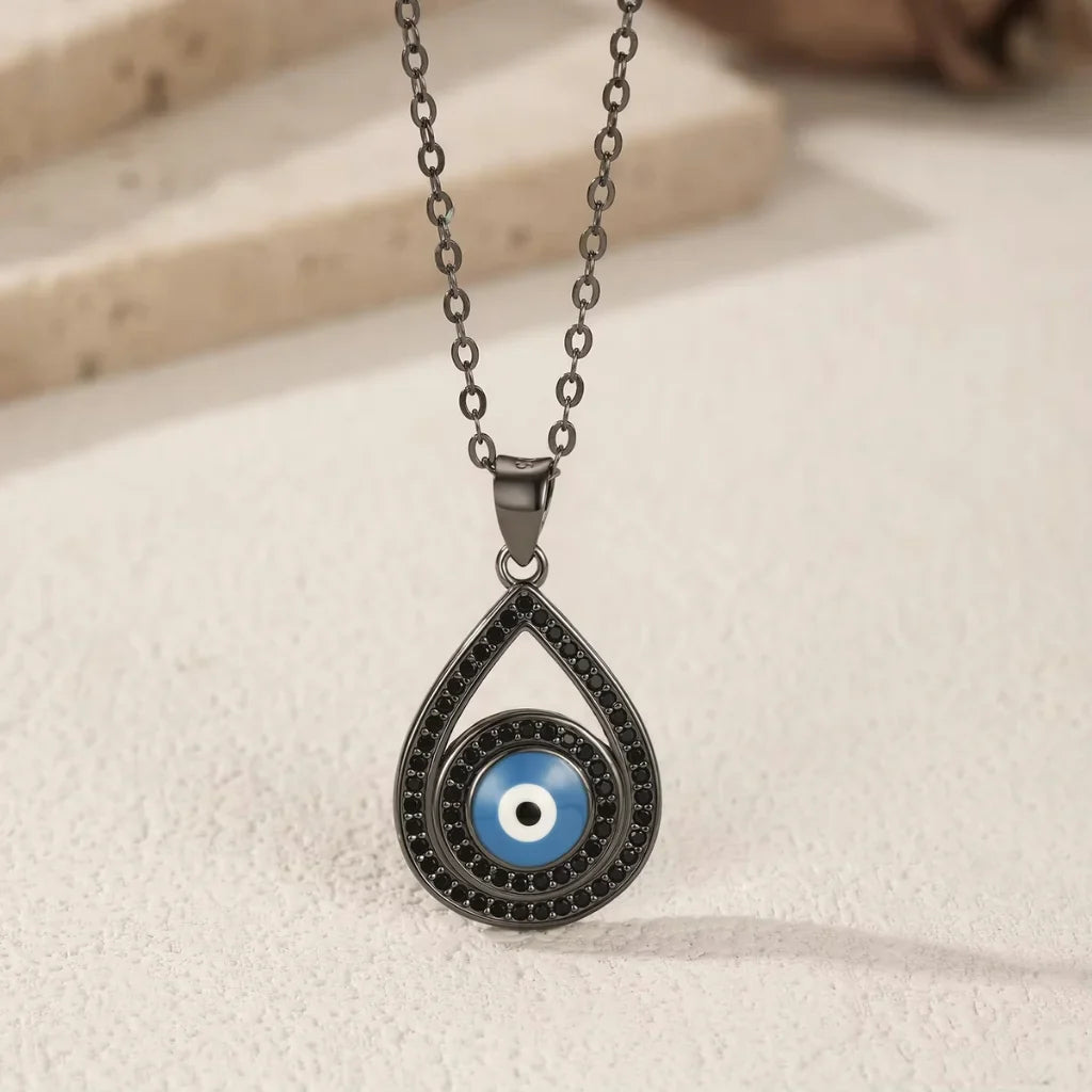 Black Sterling Silver Evil Eye & Water Drop Pendant Necklace