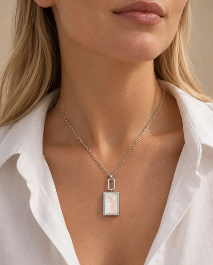 Personalized Book Photo Locket Necklace That Holds 2 Pictures worn on a model