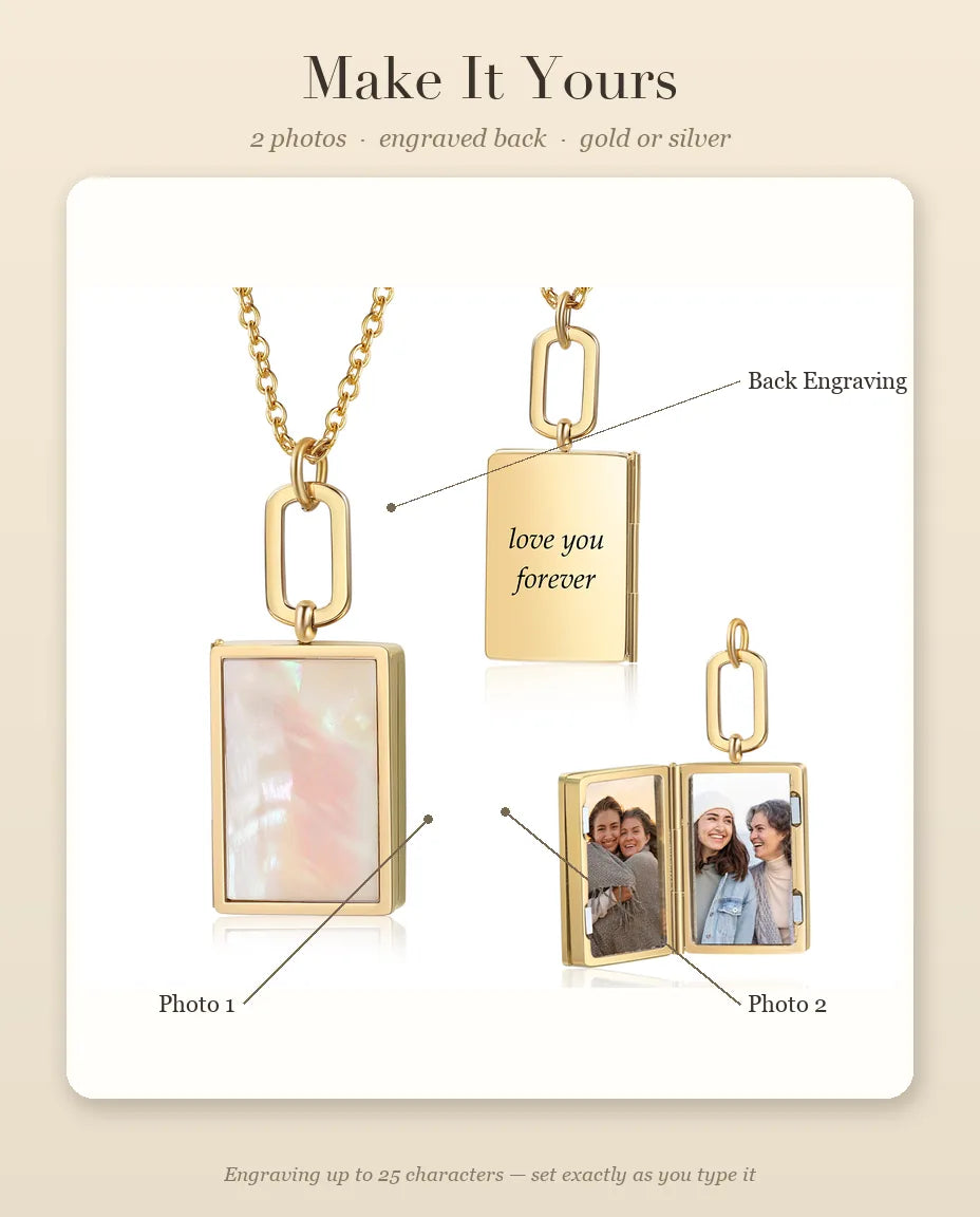 Personalization guide showing Photo 1, Photo 2 and the back engraving